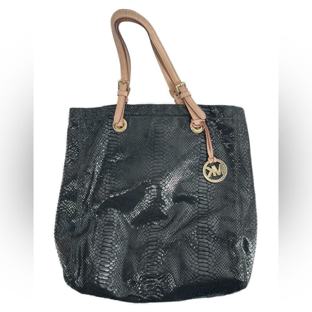 Michael Kors Black Python Effect Patent Leather North South Tote purse